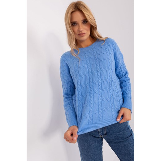 Niebieski sweter damski z warkoczami i ściągaczami one size 5.10.15