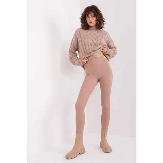 Beżowe prążkowane legginsy damskie RUE PARIS ze sklepu 5.10.15 w kategorii Spodnie damskie - zdjęcie 169686156