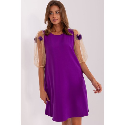 Fioletowo-camelowa sukienka koktajlowa do kolana ze sklepu 5.10.15 w kategorii Sukienki - zdjęcie 169686167