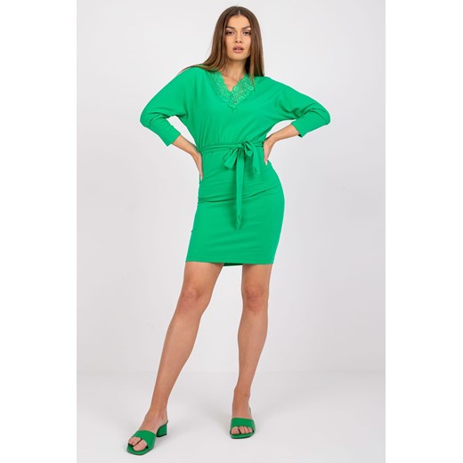 Bawełniana sukienka damska z wiązaniem w pasie - zielona ze sklepu 5.10.15 w kategorii Sukienki - zdjęcie 169687489