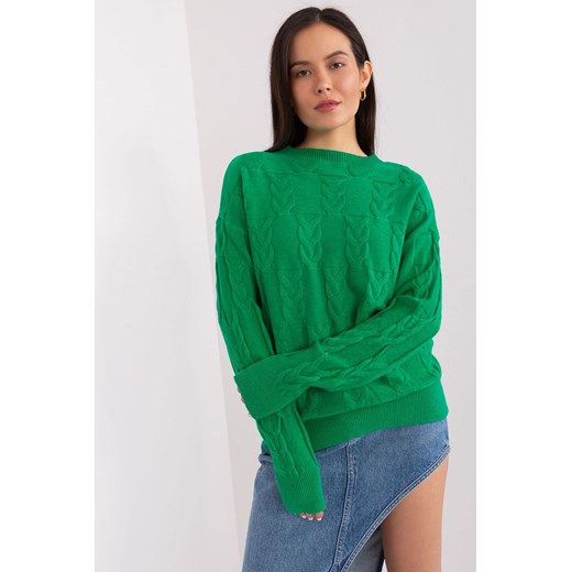 Sweter z warkoczami o luźnym kroju zielony Wool Fashion Italia one size 5.10.15