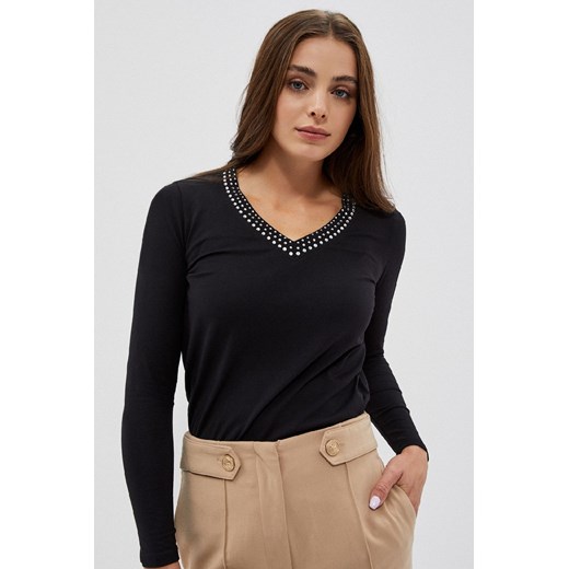 Czarna bluzka damska z ozdobnym dekoltem typu longsleeve ze sklepu 5.10.15 w kategorii Bluzki damskie - zdjęcie 169688027