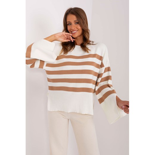 Ecru-camelowy damski sweter oversize w paski ze sklepu 5.10.15 w kategorii Swetry damskie - zdjęcie 169689677