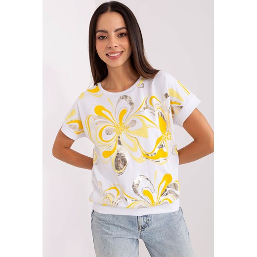 Biało-żółta bluzka z błyszczącym nadrukiem ze sklepu 5.10.15 w kategorii Bluzki damskie - zdjęcie 169689865