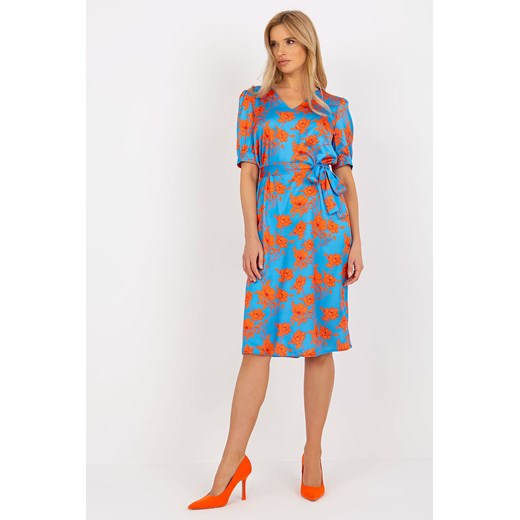 Niebiesko-pomarańczowa midi sukienka koktajlowa z wiązaniem Lakerta S/M 5.10.15