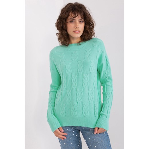Miętowy damski sweter z warkoczami z wełną one size 5.10.15
