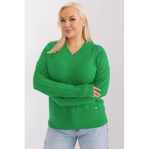 Sweter plus size z dekoltem V zielony ze sklepu 5.10.15 w kategorii Swetry damskie - zdjęcie 169690986