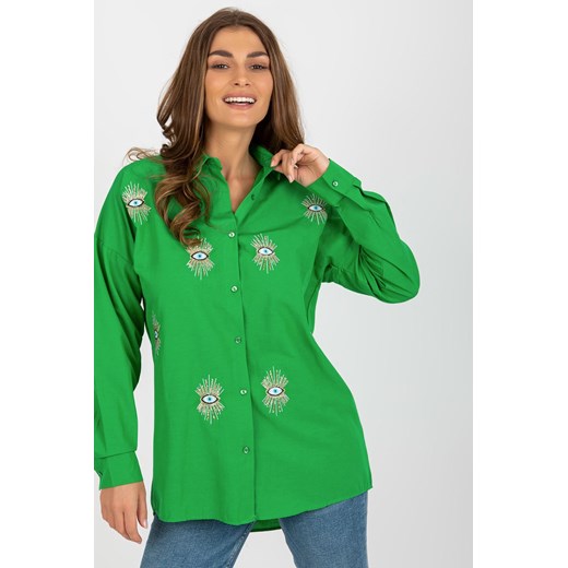 Zielona rozpinana koszula oversize z haftem ze sklepu 5.10.15 w kategorii Koszule damskie - zdjęcie 169692859