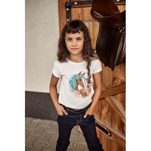 T-shirt dziewczęcy z konikami - ecru ze sklepu 5.10.15 w kategorii Bluzki dziewczęce - zdjęcie 169692957