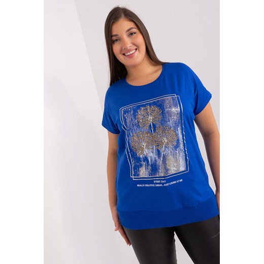 Kobaltowy t-shirt damski z motywem roślinnym plus size - RELEVANCE Relevance one size 5.10.15