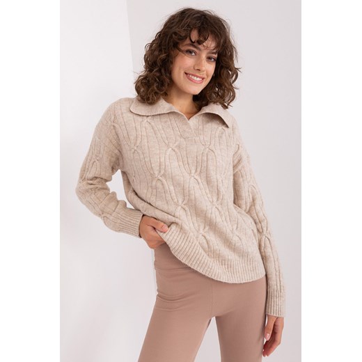 Beżowy sweter z warkoczami i kołnierzem ze sklepu 5.10.15 w kategorii Swetry damskie - zdjęcie 169693509