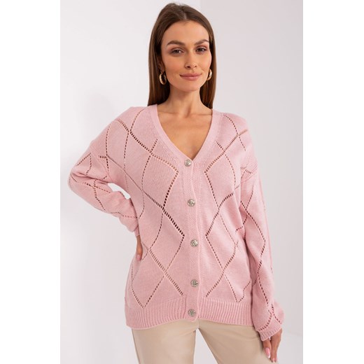 Ażurowy sweter z dekoltem V jasny różowy ze sklepu 5.10.15 w kategorii Swetry damskie - zdjęcie 169694348