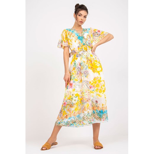 Sukienka z ozdobnym paskiem - żółta w kwiaty ze sklepu 5.10.15 w kategorii Sukienki - zdjęcie 169694706