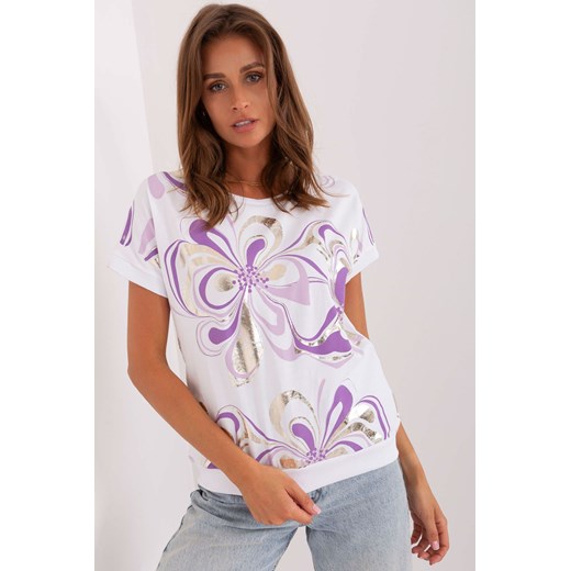 Biało-fioletowa bawełniana bluzka z nadrukiem ze sklepu 5.10.15 w kategorii Bluzki damskie - zdjęcie 169695817