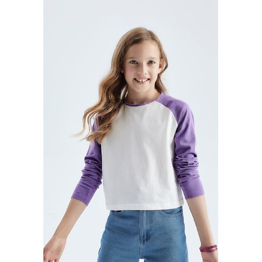 Bawełniana bluzka dziewczęca z fioletowymi rękawami ze sklepu 5.10.15 w kategorii Bluzki dziewczęce - zdjęcie 169697536
