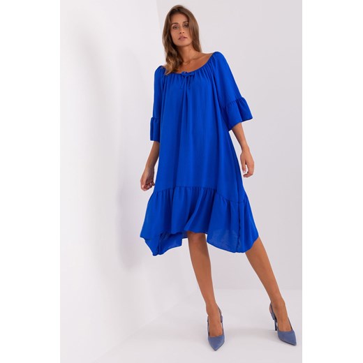 Kobaltowa sukienka z falbaną i rękawem 3/4 ze sklepu 5.10.15 w kategorii Sukienki - zdjęcie 169699185