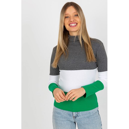 Ciemnoszaro-zielona bluzka basic z golfem w prążek ze sklepu 5.10.15 w kategorii Bluzki damskie - zdjęcie 169702238