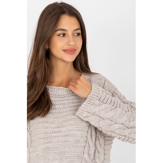 Jasnobeżowy sweter z warkoczami i szerokim rękawem RUE PARIS one size okazyjna cena 5.10.15