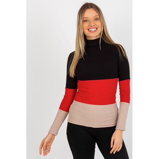 Czarno-czerwona bawełniana bluzka basic z golfem w prążek ze sklepu 5.10.15 w kategorii Bluzki damskie - zdjęcie 169703827