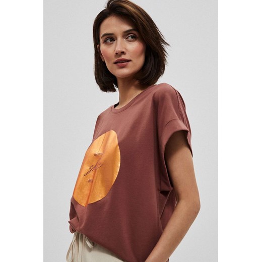 Bawełniany t-shirt damski z nadrukiem brązowy S promocyjna cena 5.10.15