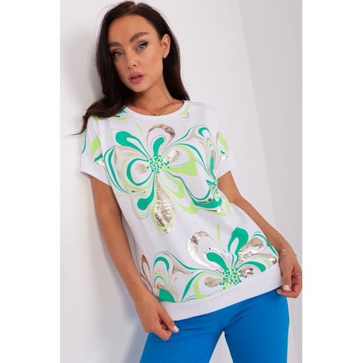 Biało-zielona bawełniana bluzka z nadrukiem ze sklepu 5.10.15 w kategorii Bluzki damskie - zdjęcie 169704825