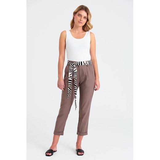 Lniane Spodnie damskie z ozdobnym wiązaniem brązowe ze sklepu 5.10.15 w kategorii Spodnie damskie - zdjęcie 169705689
