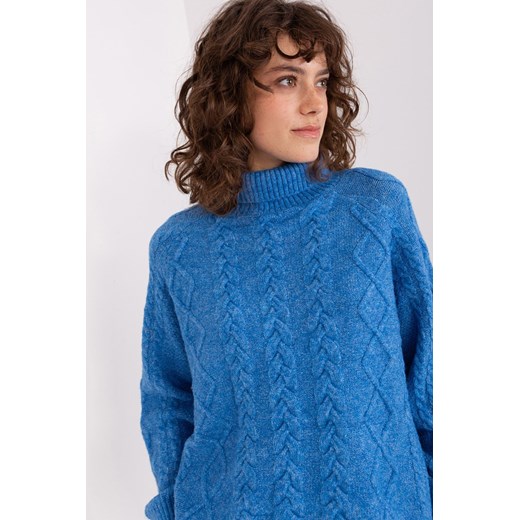 Niebieski sweter z warkoczami o kroju oversize one size okazja 5.10.15