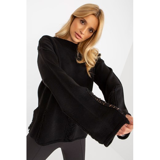 Damski sweter oversize z dziurami z wełną - czarny ze sklepu 5.10.15 w kategorii Swetry damskie - zdjęcie 169706056