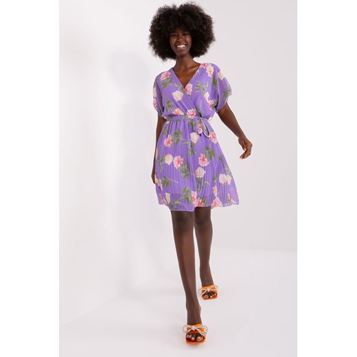 Jasnofiolentowa sukienka damska w kwiaty z paskiem Italy Moda one size 5.10.15