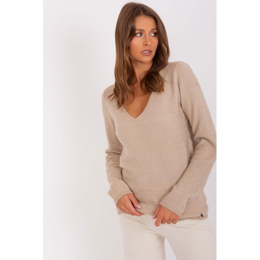 Ciemnobeżowy sweter klasyczny ze ściągaczami ze sklepu 5.10.15 w kategorii Swetry damskie - zdjęcie 169708946