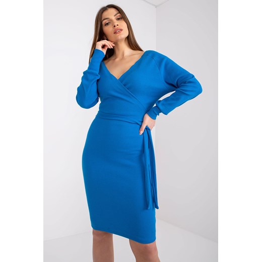 Niebieska sukienka z kopertowym dekoltem w prążki Dolce RUE PARIS XL 5.10.15