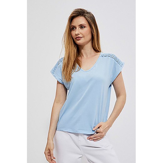 T-shirt damski ze zdobieniem błękitny ze sklepu 5.10.15 w kategorii Bluzki damskie - zdjęcie 169710316