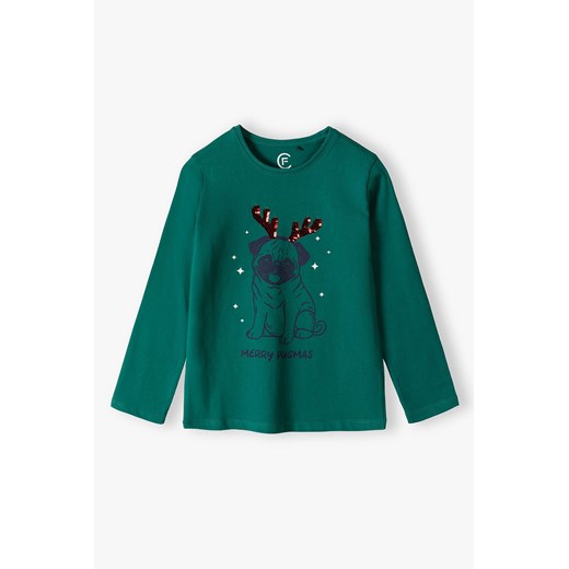 Bluzka dziewczęca z napisem "Merry Pugmas" - zielona Family Concept By 5.10.15. 104 okazja 5.10.15