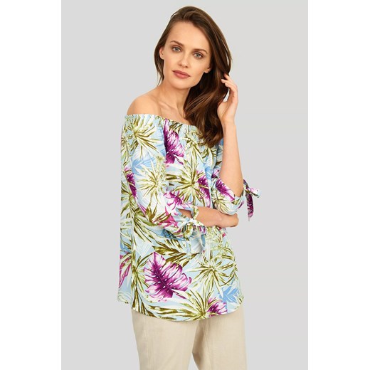 Bluzka damska w tropikalne wzory z dekoltem typu carmen ze sklepu 5.10.15 w kategorii Bluzki damskie - zdjęcie 169712229