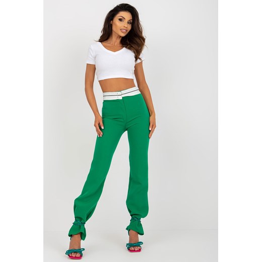 Zielone materiałowe spodnie z wywijaną talią ze sklepu 5.10.15 w kategorii Spodnie damskie - zdjęcie 169712807