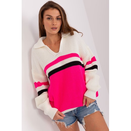 Ecru-fluo różowy sweter oversize z kołnierzem ze sklepu 5.10.15 w kategorii Swetry damskie - zdjęcie 169713208