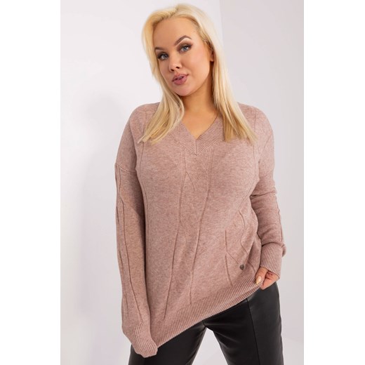 Sweter plus size z dekoltem V ciemny bezowy ze sklepu 5.10.15 w kategorii Swetry damskie - zdjęcie 169715059