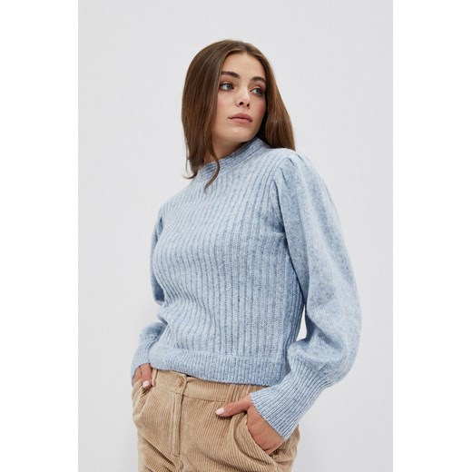 Błękitny sweter damski w prążki z bufiastymi rękawami ze sklepu 5.10.15 w kategorii Swetry damskie - zdjęcie 169715356