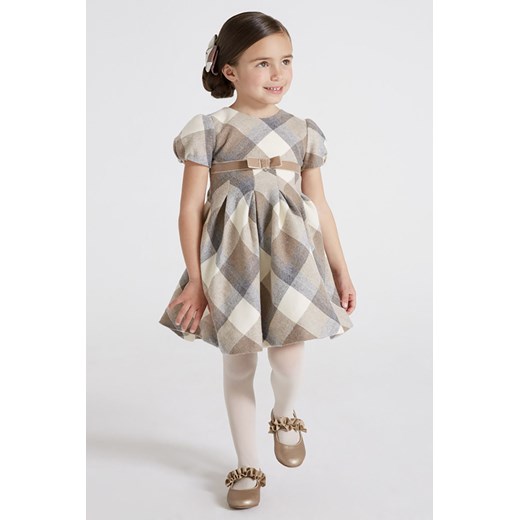 Sukienka dziewczęca w kratę z krótkim rękawem - brązowa ze sklepu 5.10.15 w kategorii Sukienki dziewczęce - zdjęcie 169715729