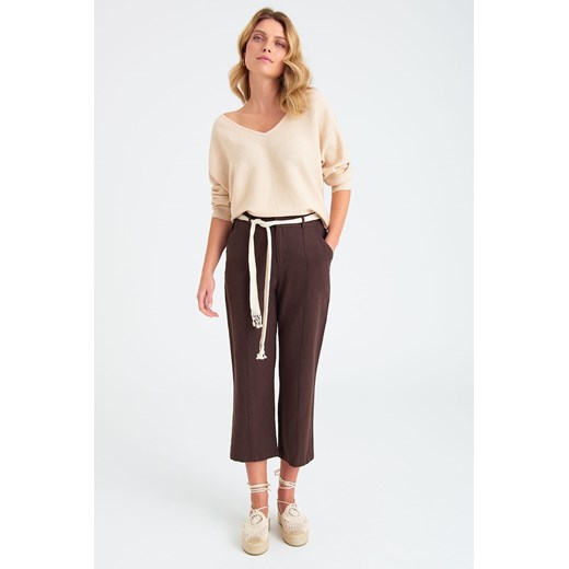 Lniane Szerokie spodnie damskie z ozdobnym wiązaniem brązowe ze sklepu 5.10.15 w kategorii Spodnie damskie - zdjęcie 169716097