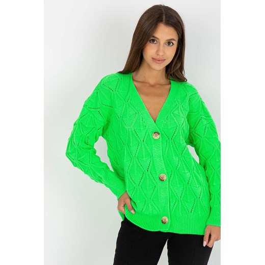 Fluo zielony sweter rozpinany w ażurowy wzór RUE PARIS ze sklepu 5.10.15 w kategorii Swetry damskie - zdjęcie 169716669
