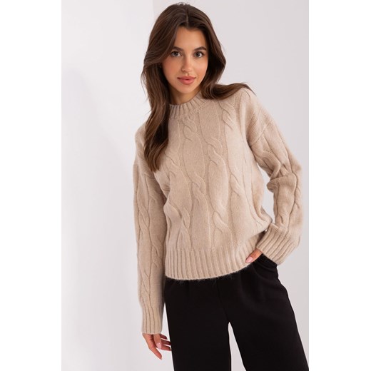 Beżowy sweter z warkoczami i ściągaczami ze sklepu 5.10.15 w kategorii Swetry damskie - zdjęcie 169716798