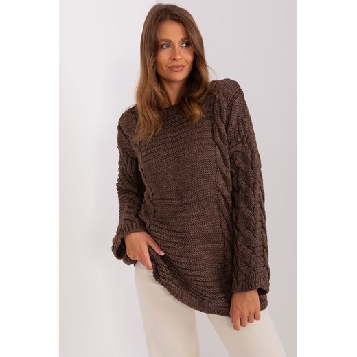 Ciemnobrązowy sweter z warkoczami z wełną ze sklepu 5.10.15 w kategorii Swetry damskie - zdjęcie 169717197