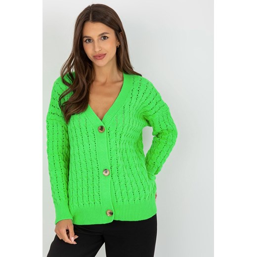 Fluo zielony ażurowy sweter rozpinany w warkocze RUE PARIS ze sklepu 5.10.15 w kategorii Swetry damskie - zdjęcie 169718526