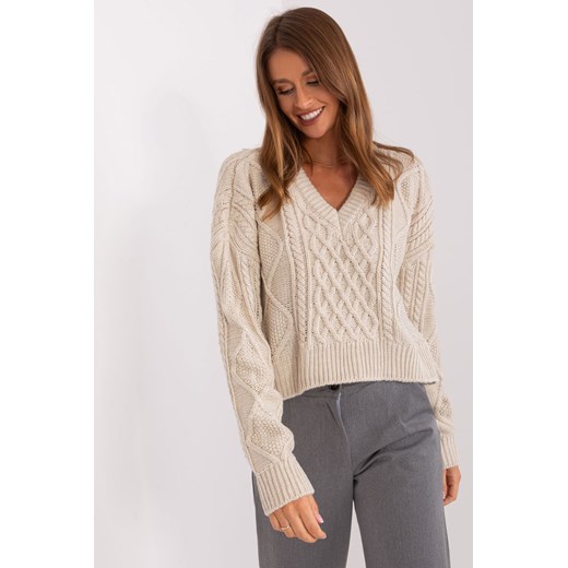 Krótki sweter w warkocze beżowy ze sklepu 5.10.15 w kategorii Swetry damskie - zdjęcie 169718908