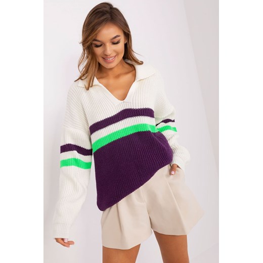 Ecru-ciemnofioletowy sweter oversize z wełną ze sklepu 5.10.15 w kategorii Swetry damskie - zdjęcie 169719939
