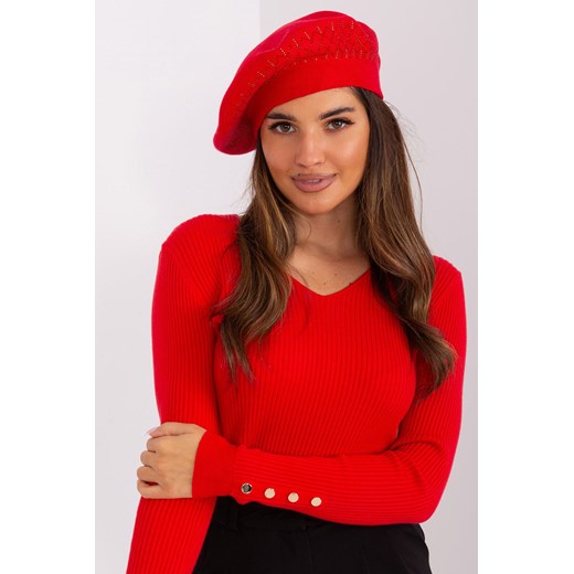 Czerwony beret damski z dżetami ze sklepu 5.10.15 w kategorii Czapki zimowe damskie - zdjęcie 169720447