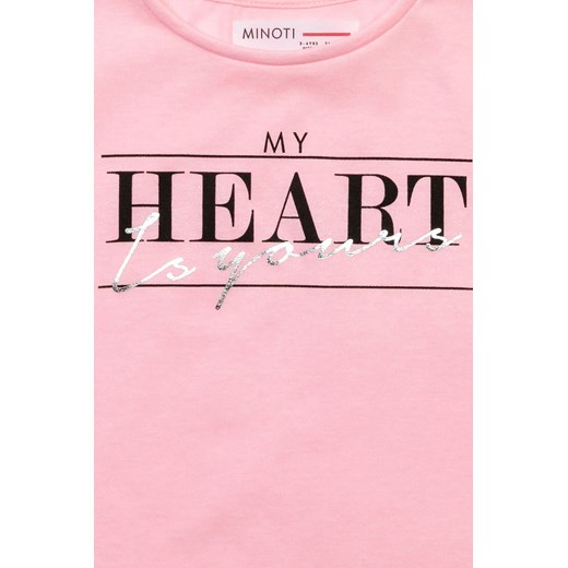 Różowy t-shirt dzianinowy dla dziewczynki z napisem Minoti 104/110 5.10.15