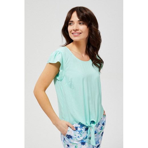 Bluzka damska koszulowa na krótki rękaw z ozdobnym wiązaniem - miętowa ze sklepu 5.10.15 w kategorii Bluzki damskie - zdjęcie 169721625