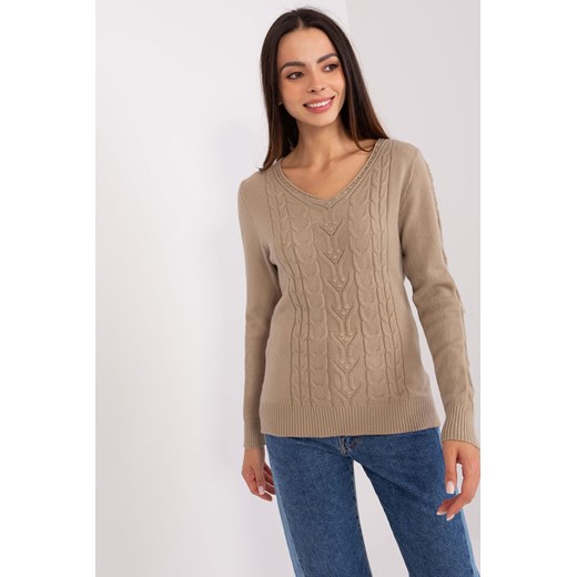 Ciemnobeżowy sweter damski z warkoczami z bawełnaą ze sklepu 5.10.15 w kategorii Swetry damskie - zdjęcie 169724517